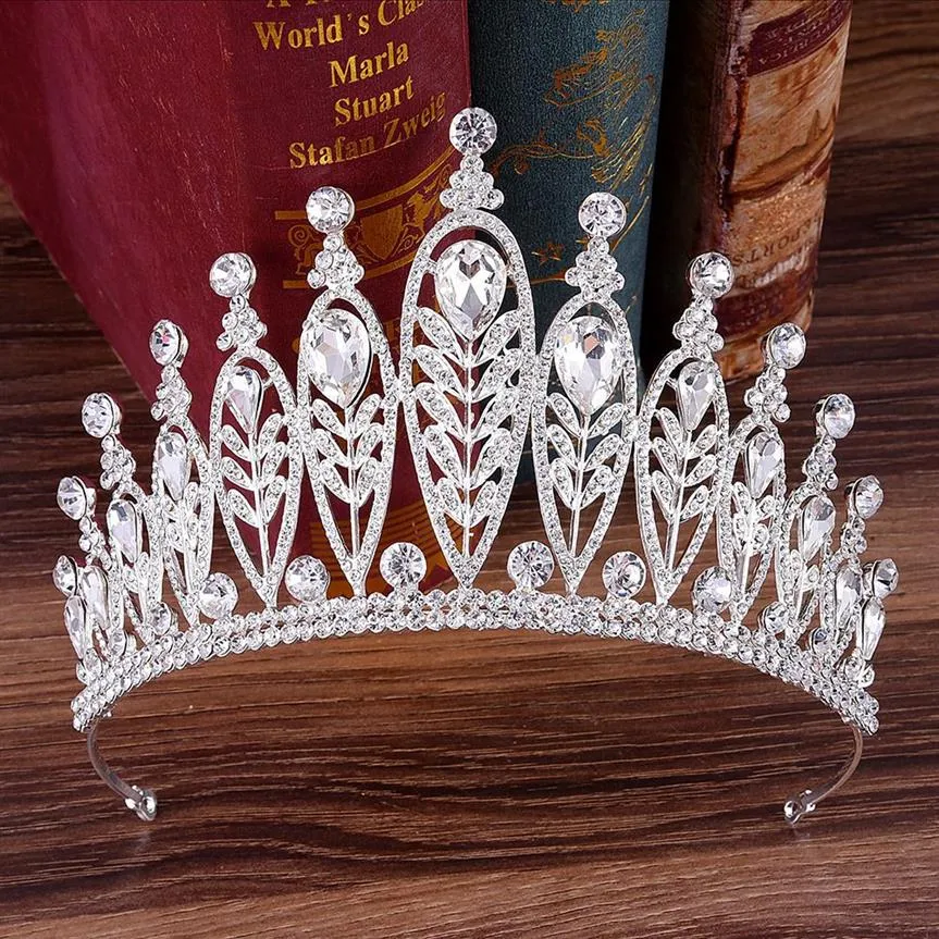 KMVEXO Baroque Or Argent Feuilles Cristal Strass Couronne De Mariage De Luxe Grande Reine Diadèmes Bandeau pour Accessoires De Cheveux De Mariée C2302