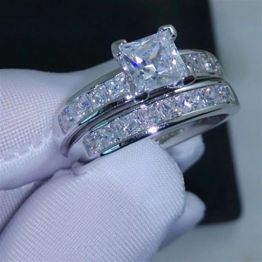 Tamanho de luxo 5 6 7 8 9 10 joias 10kt ouro branco preenchido topázio corte princesa conjunto de anel de casamento de diamante simulado presente com box286o