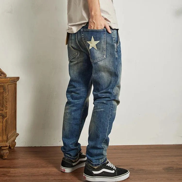 Jeans da uomo autunno americano retrò pentagramma pesante stampato denim moda 97% cotone lavato vecchi pantaloni casual dritti