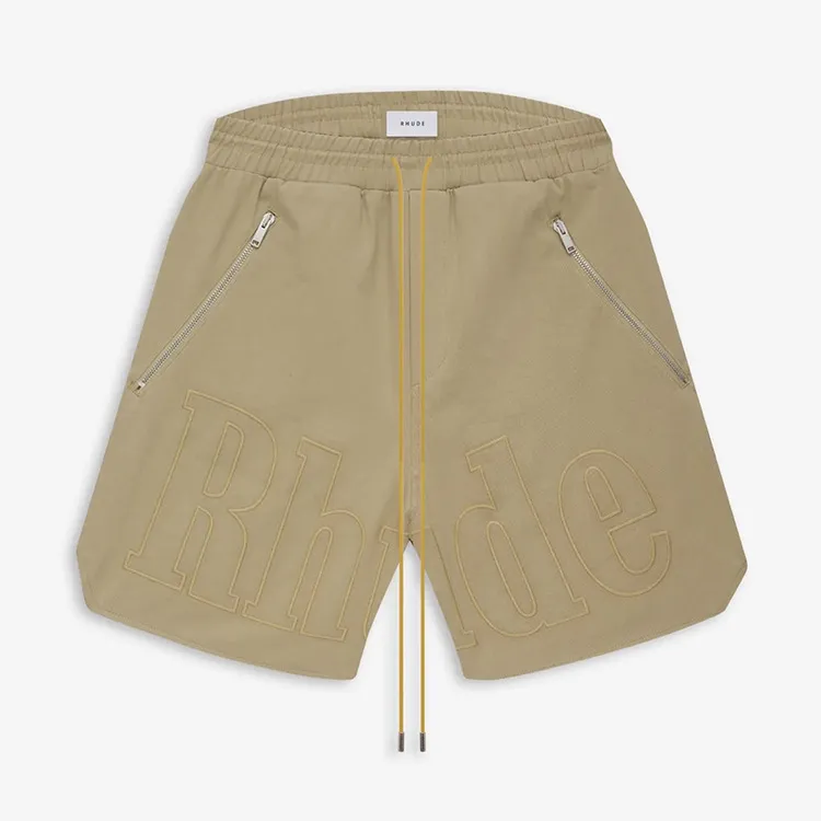 Khaki Drawstring Sports Loose Men Rhude Letter Embroidery膝の長さの綿のショーツとジッパーフライポケット