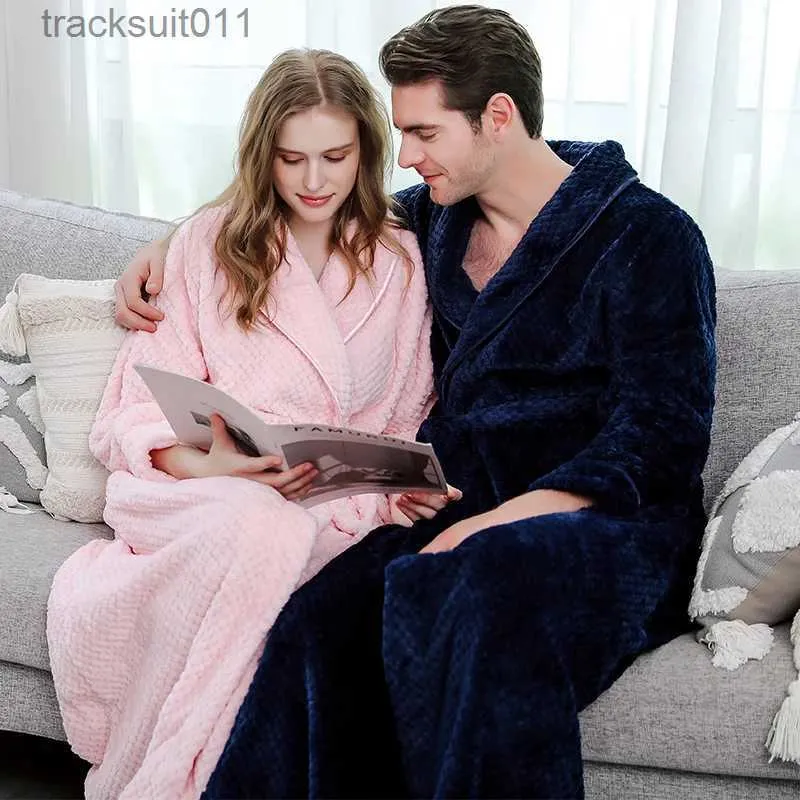 Männer Roben Männer Winter Plus Größe Lange Flanell Bademantel Warme Korallen Fleece Kimono Bademantel Nacht Gemütliche Nachtwäsche Frauen Jacquard Morgenmantel l231130