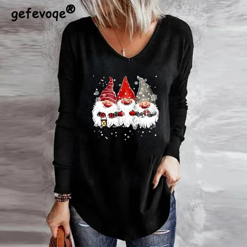 T-shirts pour femmes Vêtements 2023 Mode Casual Drôle Mignon Dessin animé Imprimer T-shirts de Noël Femme Y2K Col en V À Manches Longues Tunique Lâche Tops