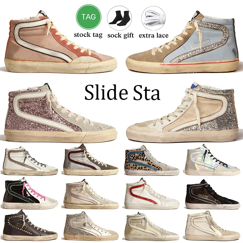 Mode lyxdesigner casual skor glida sneakers vintage handgjorda Italien varumärke kalvskinn övre silver guld glitter flash mid stjärnor höga bollstjärntränare