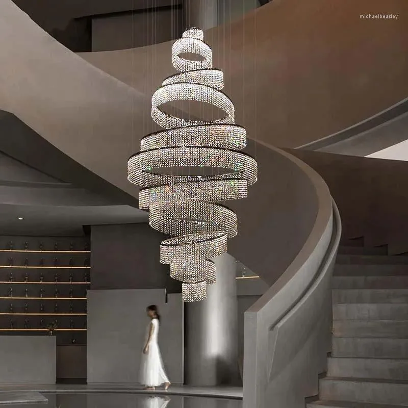 Lustres De Luxe Moderne LED Chrome Grand Anneau Pendentif Lumières Lustre En Cristal Salon Hall Escalier Suspension Lampe Éclairage Intérieur