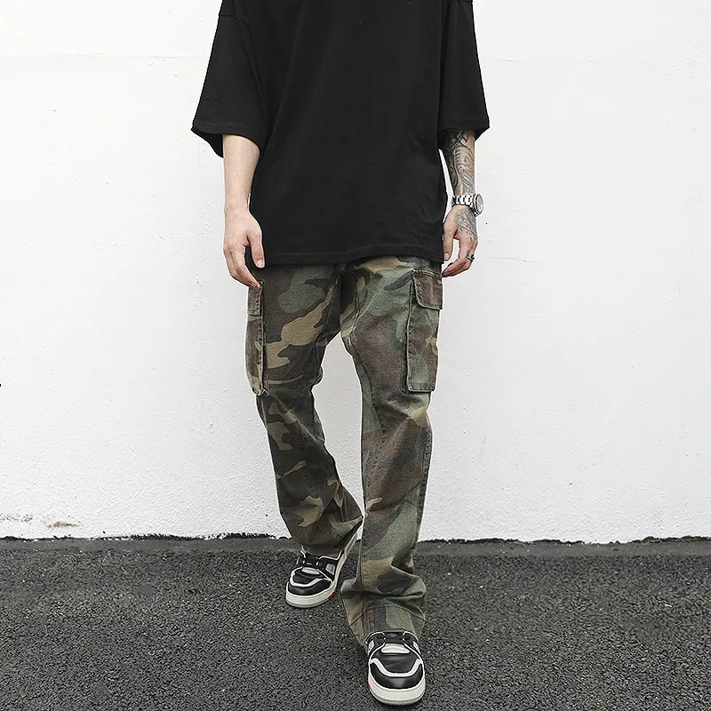 Mens Camouflage Flare Pants Streetwear Hip Hop Cargo Pants