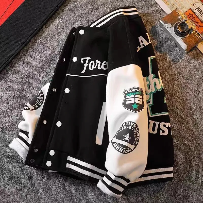 Jackor Junior Kids Boys Girls Black Green Autumn Winter Fall Baseball Letter Jackets 3 5 6 8 10 12 Years Teens Bomber Ytterkläder 231129