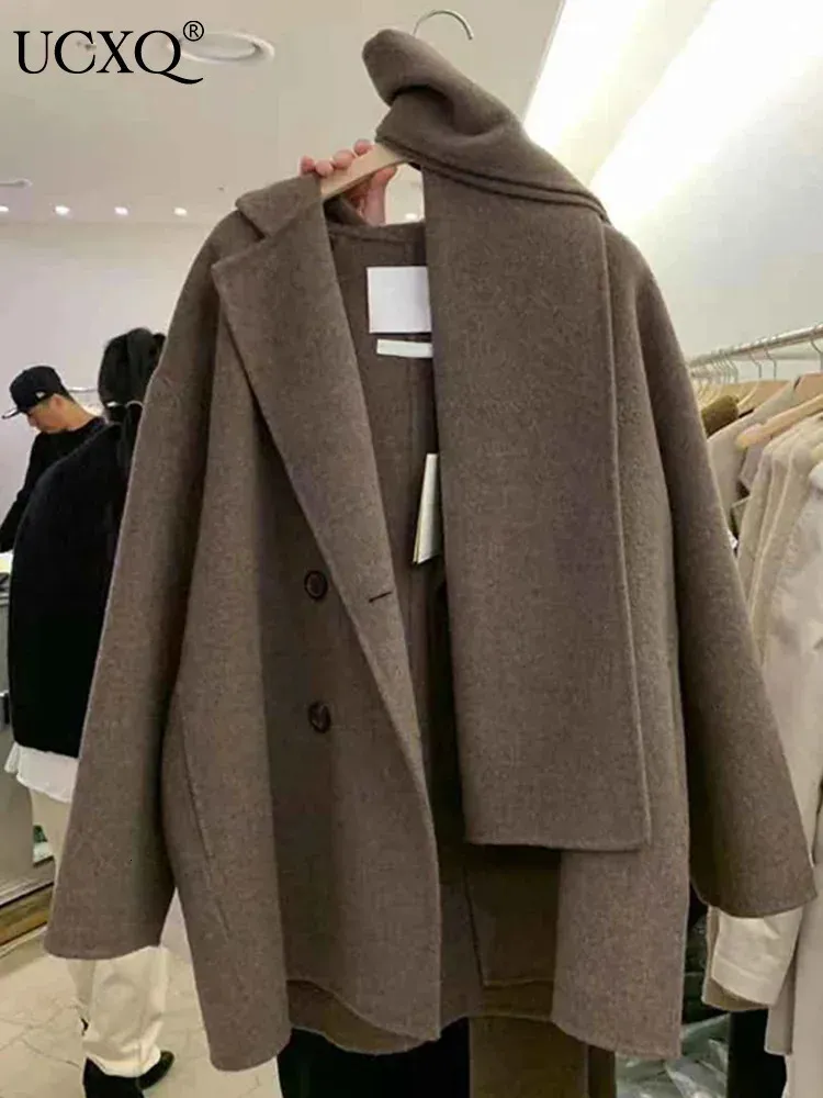 Miscele da donna UCXQ Donna Calda con Sciarpa Cappotto di lana Manica lunga Moda Capispalla Giacca di cashmere allentata 2023 Abiti autunno-inverno 23A5696 231130