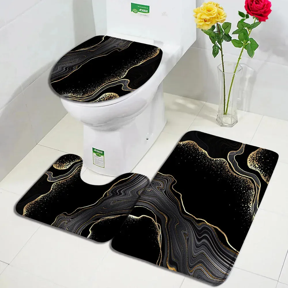 Carpets Black Marble Bath Mats Sets Gold Grey Lines Creative Abstract Geometric Art Home Bathroom Decor Rugs Anti-Slip Toilet Lid Cover 231129