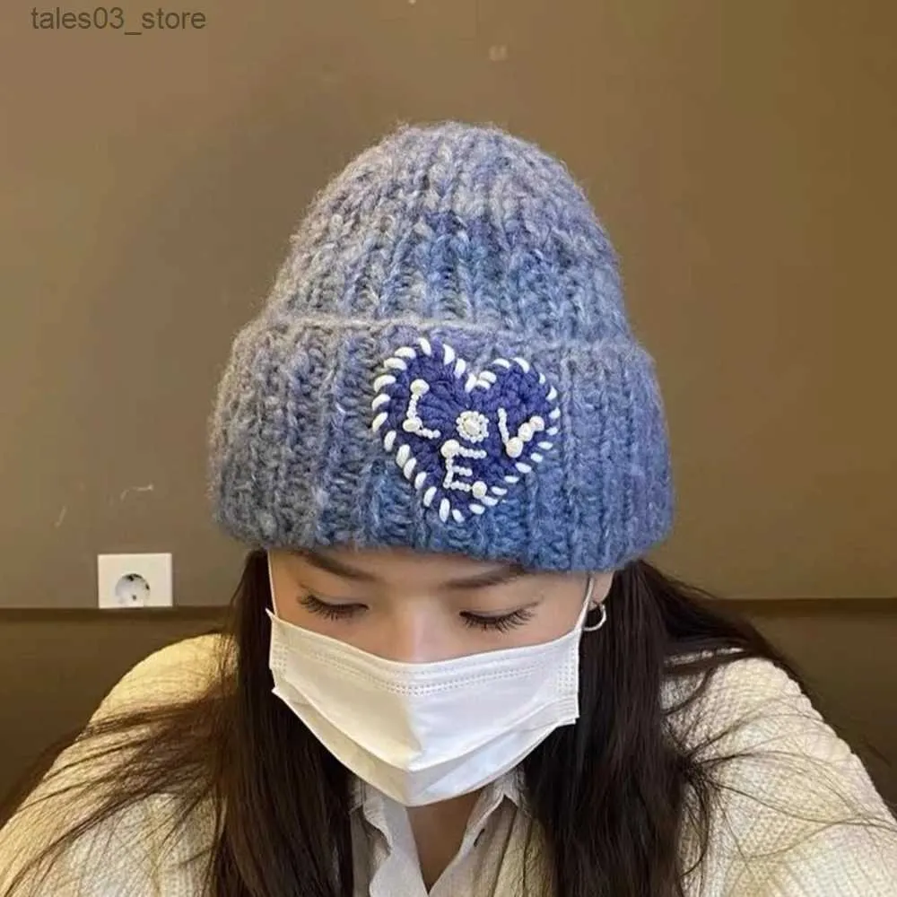 비니/두개골 모자 한국인 모자 소녀 니트 사랑 파란색 모자 여성 가을과 겨울 귀 보호 따뜻한 트렌디 한 페이스 비니 캡 Q231130