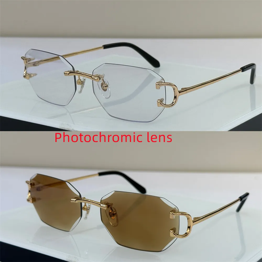 Design zonnebril voor mannen fotochromic diomand gesneden lensglazen modemerk frameloze stijl man vintage retro ontwerpers randloze zonnebril -bril in de glazen raam 0103c