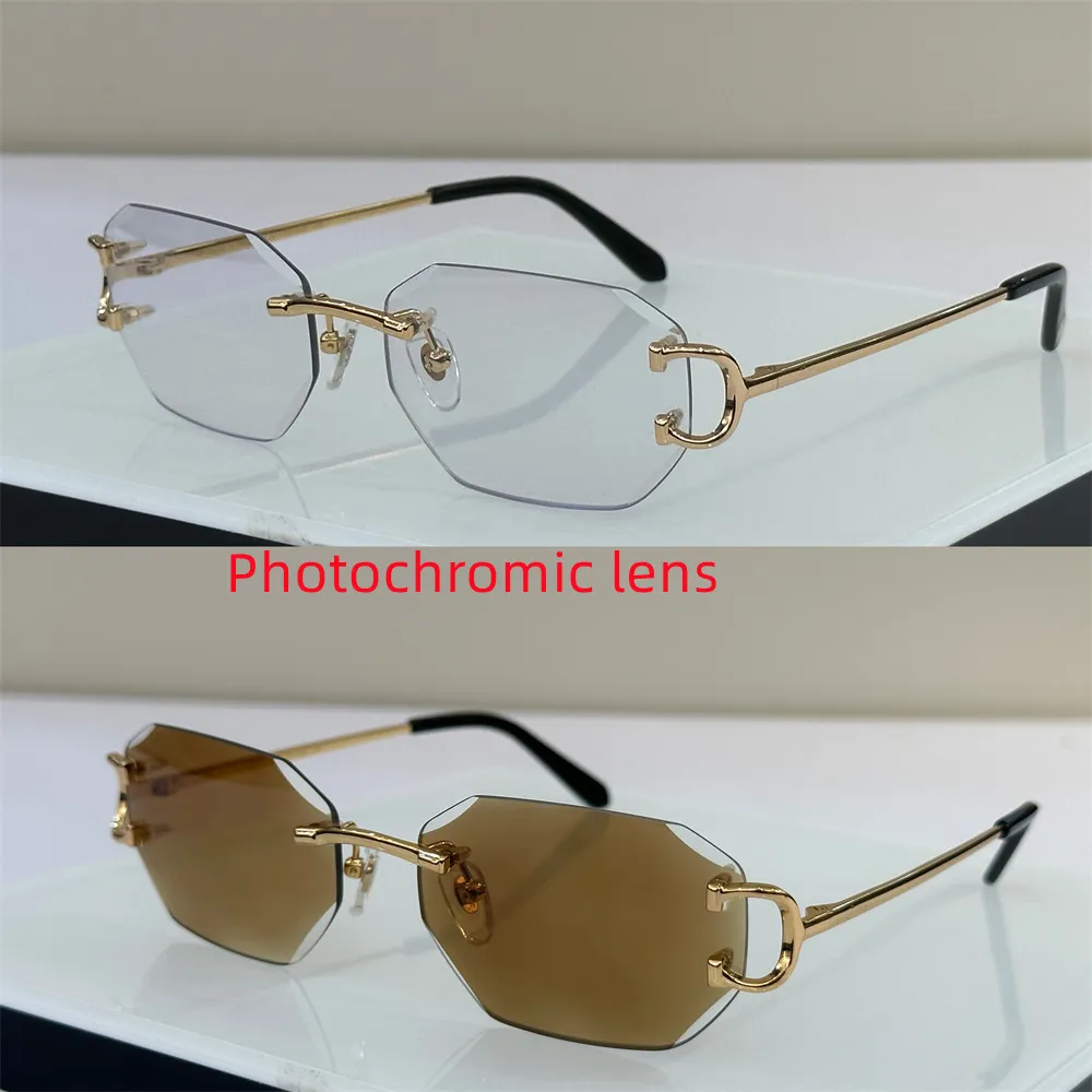 Lunettes de soleil design pour hommes Photochromiques Diomand Cut Lens Lunettes Marque de mode Style sans cadre Homme Vintage Rétro Designers Lunettes de soleil sans monture Cadre 0103C