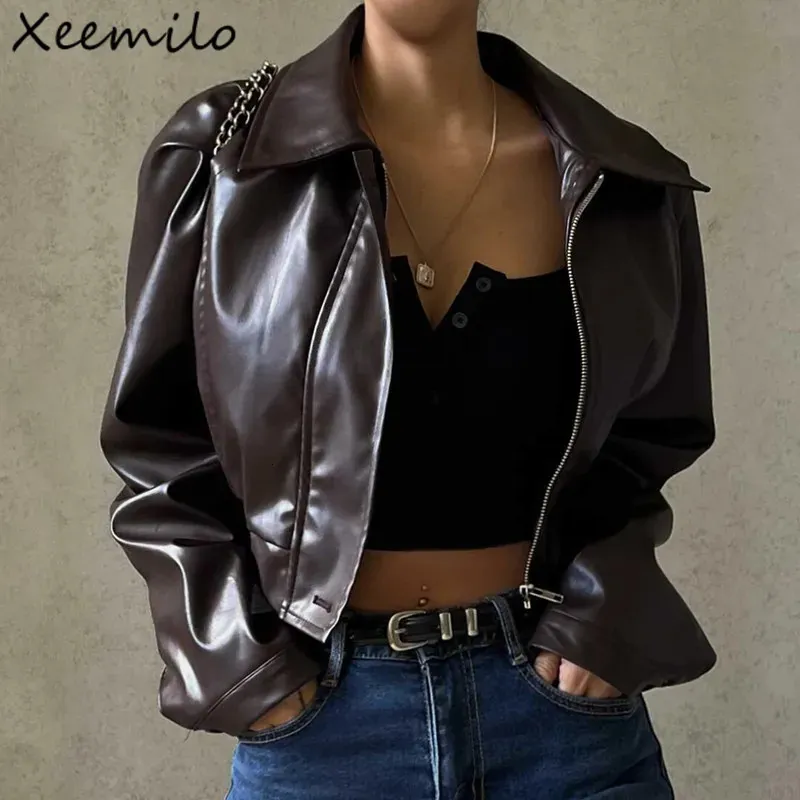 Kurtki damskie xeemilo pu sztuczna skórzana kurtka estetyczna moda streetwearu strej kołnierz Turndown Płaszcz Autumn Vintage zwykłe proste płaszcze z długim rękawem 231129
