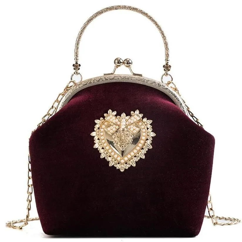 Torby wieczorowe 2022 femme retro velvet perła torebka vintage Velor Heart Design Bag Wedding Party Bride Clutch Odznaka Purse303J