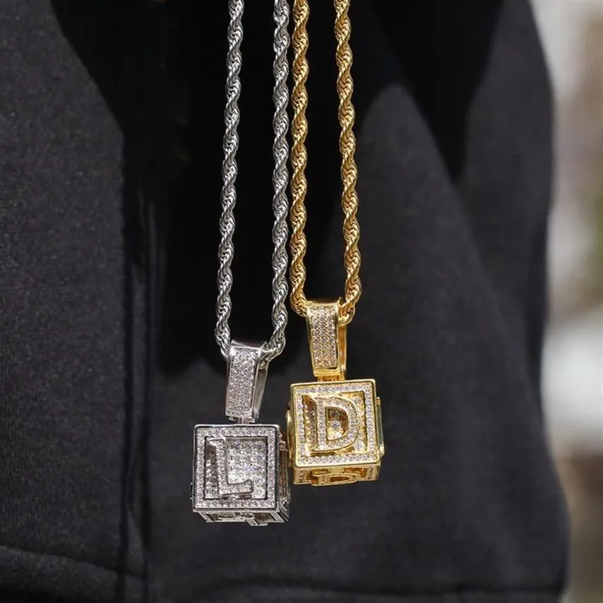 Gioielli Hip Hop da uomo Collana con lettera iniziale ghiacciata Ciondolo Collana con dadi a cubo in argento dorato Collane Hiphop246b