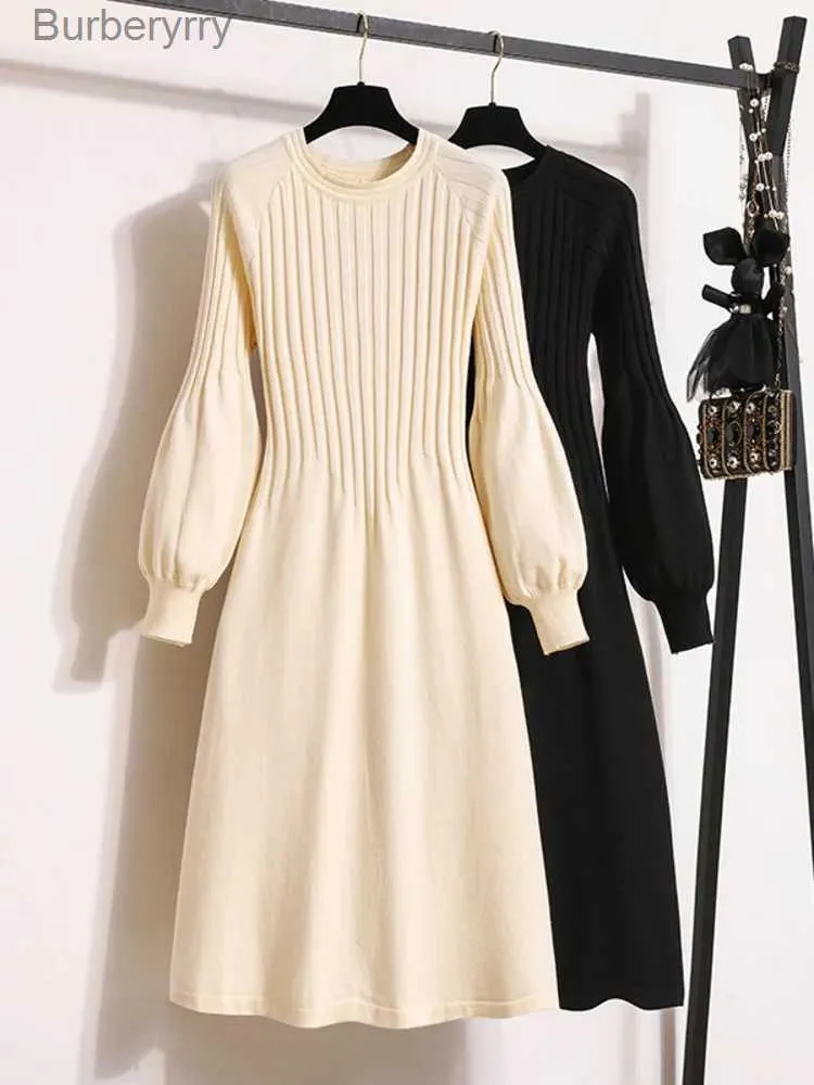 基本的なカジュアルドレス高品質のニットドレス女性ランタンスリーソリッドプルオーバーハイウエスト編みドレス2023冬の温かいセータードレス4xll231130