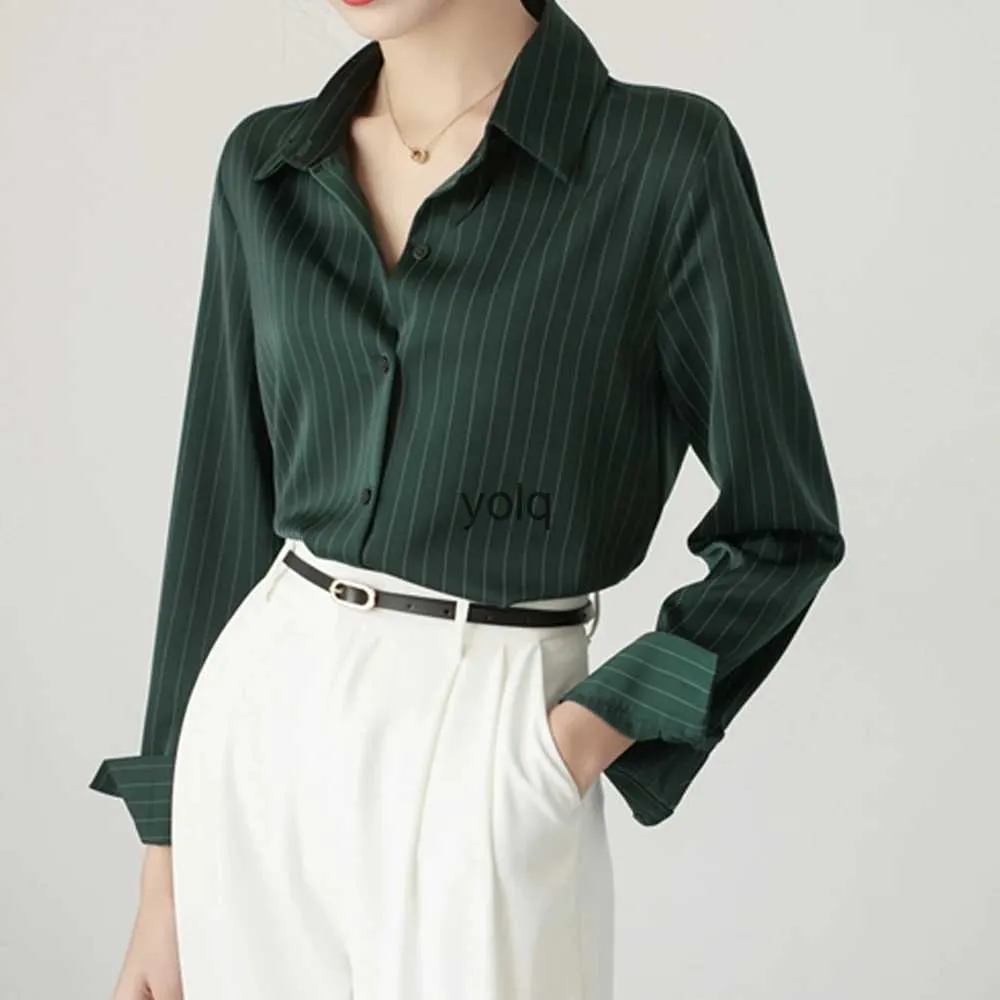 Blouses pour femmes Chemises Mode Femme 2023 Chemise à manches longues Chemise à rayures vert foncé Chemisier élégant Lady Topyolq