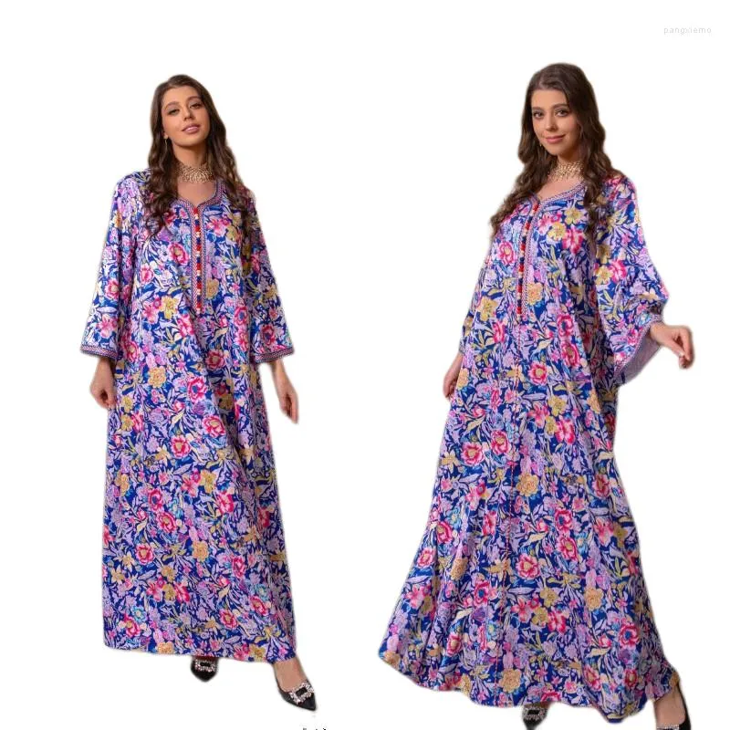 Etnisk kläd mode blomma tryckt långärmad abayas elegant muslimska kvinnor fest bröllop maxi klänning kaftan lös mantel aftonklänning