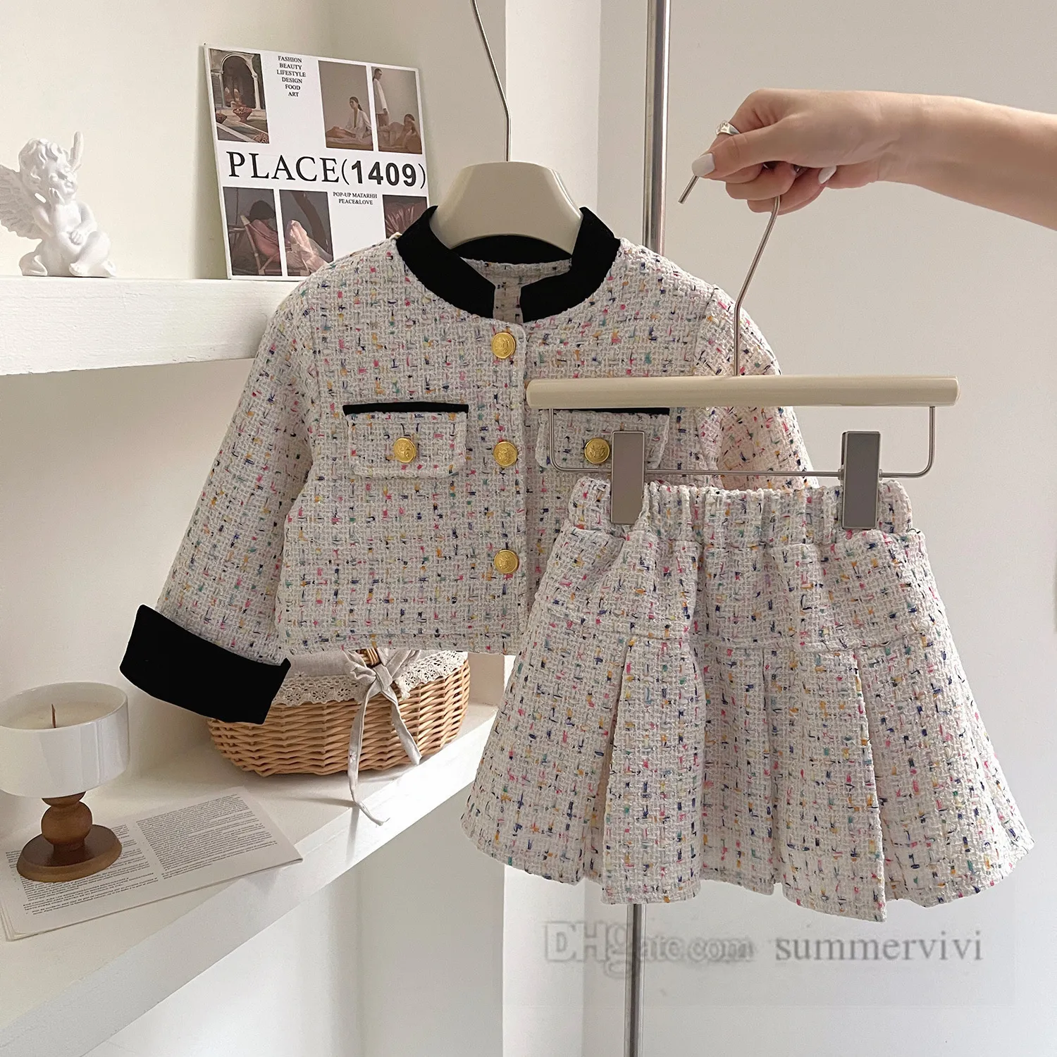 Lady Style Children Colorful Plaid Woolen Clothes Set Kids Round Collar Single Breasted Outwear Pleated kjolar 2st Winter Girls Thicken Princess Outfits Z5668