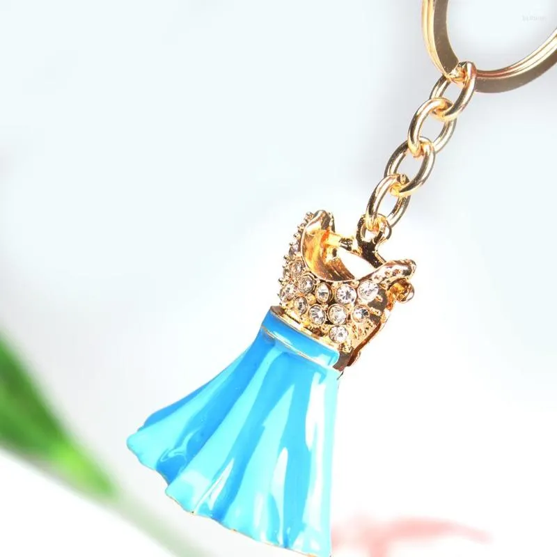 Keychains blauwe kleding kleren rok mode creatief schattig kristal charme portemonnee handtas sleutel sleutelhanger sleutelhanger feestje bruiloft verjaardagscadeau
