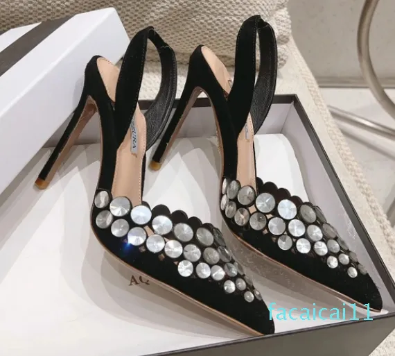 Aquazzura Crystal-Embellished Slingbacks Pumpsスエードハイヒール女性ファッションサンダルイブニングパーティーシューズ工場靴のサイズ