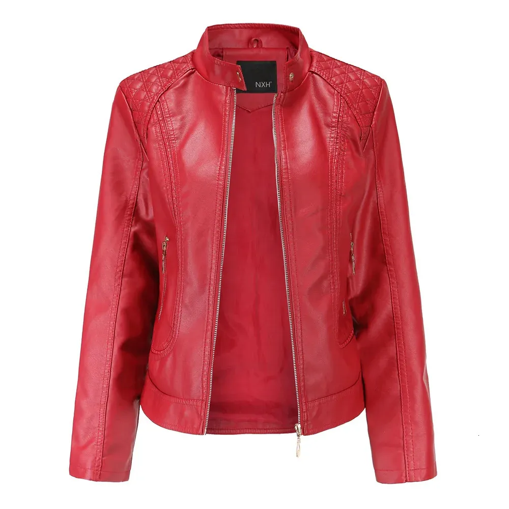 Женская кожаная куртка из искусственного меха, женская молния, весна-осень, искусственный воротник-стойка, красное мотоциклетное пальто, женское пальто большого размера 231129