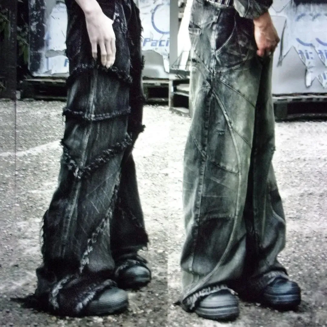 Herr jeans y2k tassel jeans mäns svart grå tvättade jeans gotisk stil gata trend teen kläder retro lösa breda ben byxor 231129