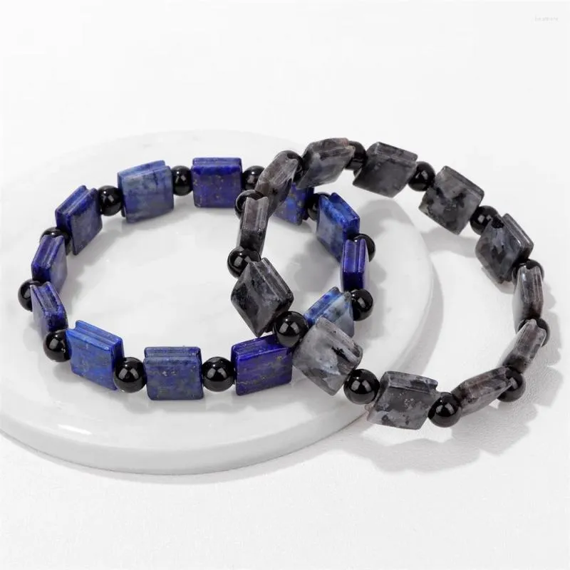 Strand Flat Square Stone Bracelet Natural Lapis Lazuli Black Glass Spacer Bead Healing Energy Bangle Jewelry For Men Women