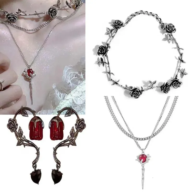 Bracelet boucles d'oreilles collier Double couche cristal rouge Rose pendentif collier colliers en couches épine clavicule chaîne ras du cou boucles d'oreilles Goth ensemble de bijoux cadeau 231130