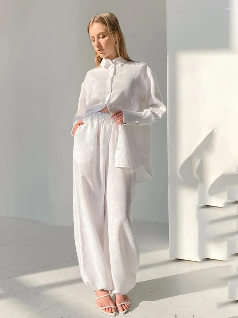 Vêtements de nuit pour femmes Marthaqiqi coton blanc femme 2 pièces ensemble pyjama à manches longues col rabattu pantalon de nuit dames chemises de nuit costume