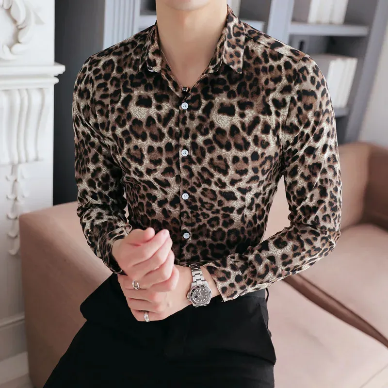 Men's Casual Shirts High Quality Men Shirt Brand Slim Fit Casual Leopard Print Social Shirts Dress Long Sleeve Plus Size Night Club Prom Tuxedo 231130