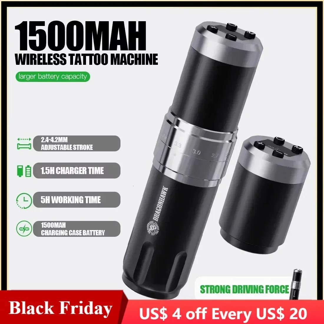 Machine à tatouer Dragonhawk X10, longueur réglable à 7 coups, sans fil, haute capacité, batterie 1500mAh, stylo avec affichage numérique LED 231129