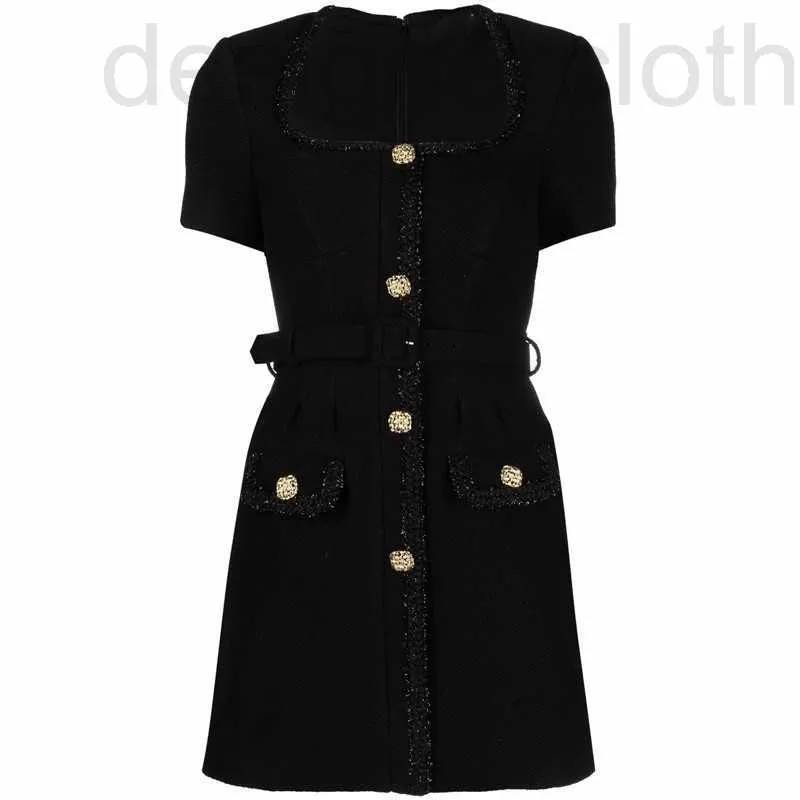 Basic & Casual Dresses designer luxury Spring Black Solid Color Waist Belted Tweed Dress Short Sleeve Square Neck Buttons Single-Breasted Brand Same Style Designer