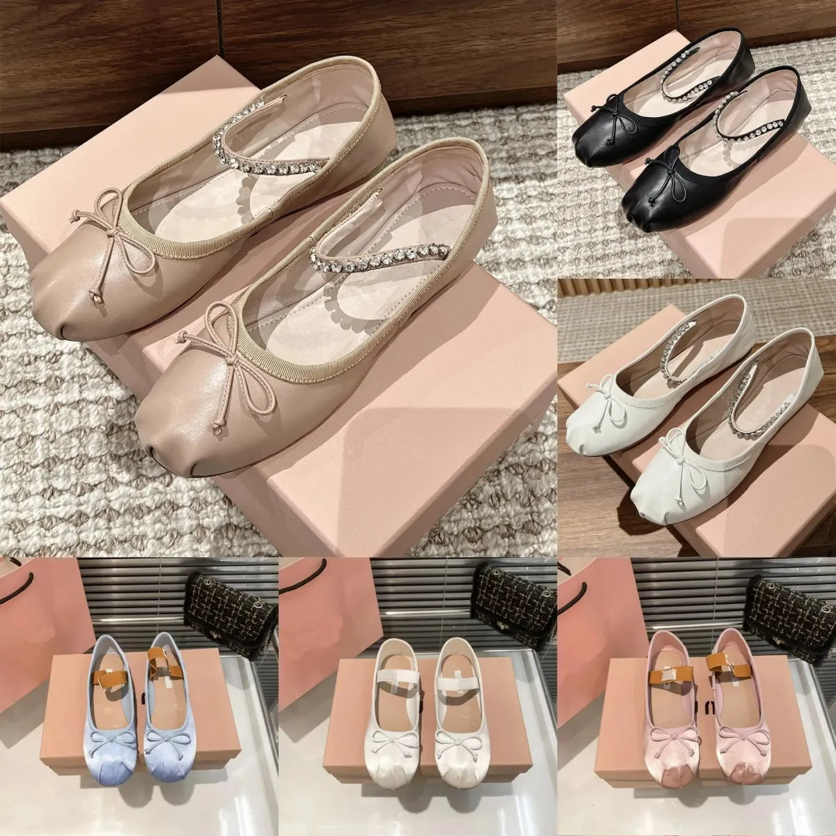 Zapatos de ballet de París Sandalias planas Bowknot Boca baja Zapato único Mujer Rosa Mary Jane bailarinas Zapatos de lujo con lazo de satén para dama francesa Eur 34-40