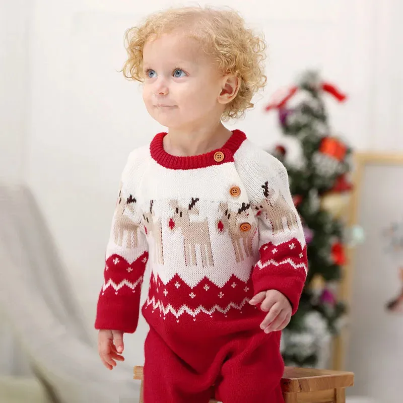 Rompers Knitted born Baby Clothes Boy/Girl Christmas Romper Long Sleeve Elk Knitted Jumpsuit For Kids Winter Warm Christmas Clothing 231130