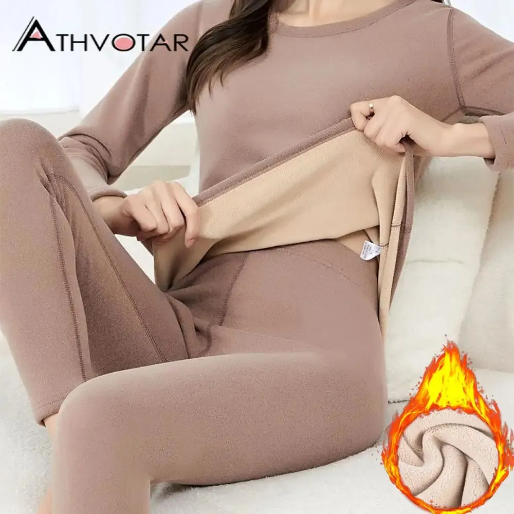 Women's Thermal Underwear ATHVOTAR Thermal Underwear Set 1/2Pcs Women Velvet Thick Plus Large Size Top Winter Warm High Waist Pants Thermal Underwear Sets 231130