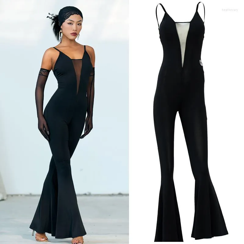 Scene Wear Women Black Sling Jumpsuit Vuxna Latin Dance Competition Clothes Tango Chacha Rumba Samba Practice SL8214