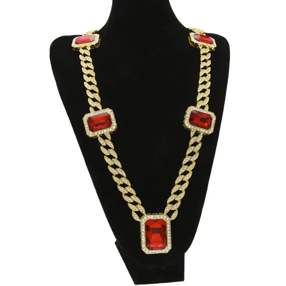 Exagerado Pesado Extra-grosso MIAMI CUBAN LINK Red Gemstone Pingente Long Chains Colar Homens Trendy Hip Hop Diamante Joyas 76cm G2502