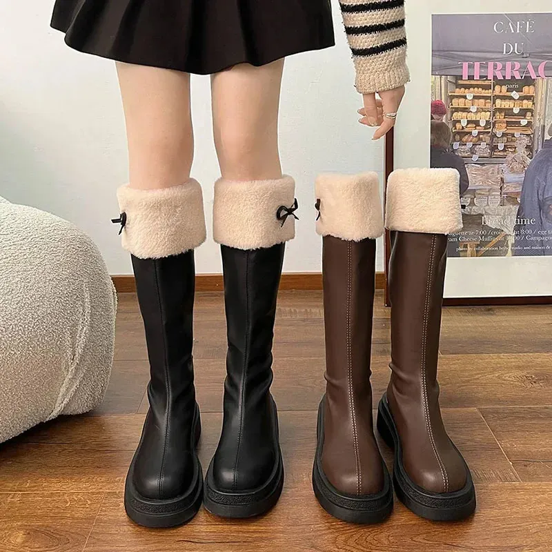 Boots Platform Women Fur High Boots Fashion Thick Bottom Ladies Elegant Long Knight Booties Winter Zippers Women's Footwear 231129