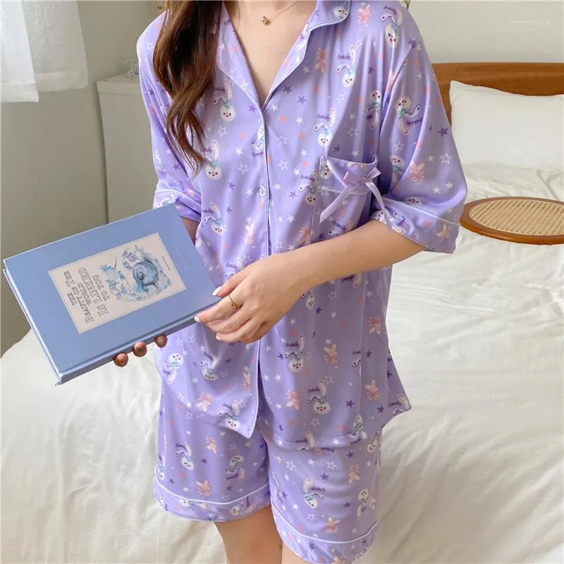 Kvinnors sömnkläder tecknad tryck sommarpyjamas set kvinnor kawaii rolig hem kostym mjuk lös enstaka skjortor shorts