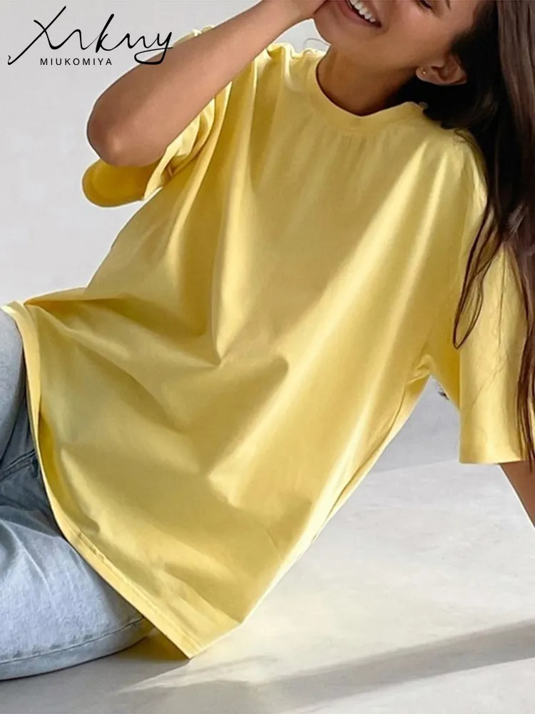 Women's T-Shirt Simple White Oversize T-shirts For Women Cotton Summer Green T Shirts Women Short Sleeve Loose Blue T Shirt Women Yellow Top Tee 230428