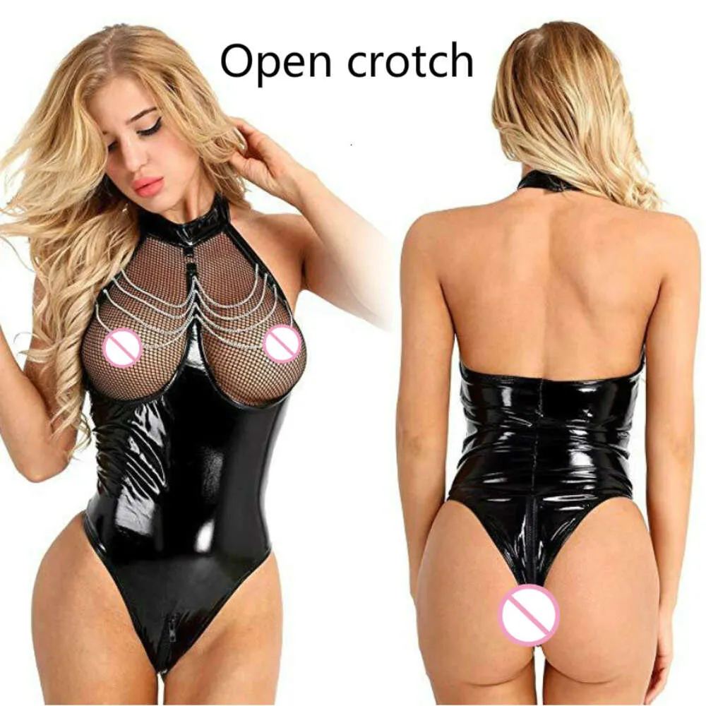 Sexy Costume Plus Size Zipper Open Crotch Leather Female Bodysuit See Through Bare Breast Leotard Sexy Mesh Lingerie Erotic Chain Belt Sexi