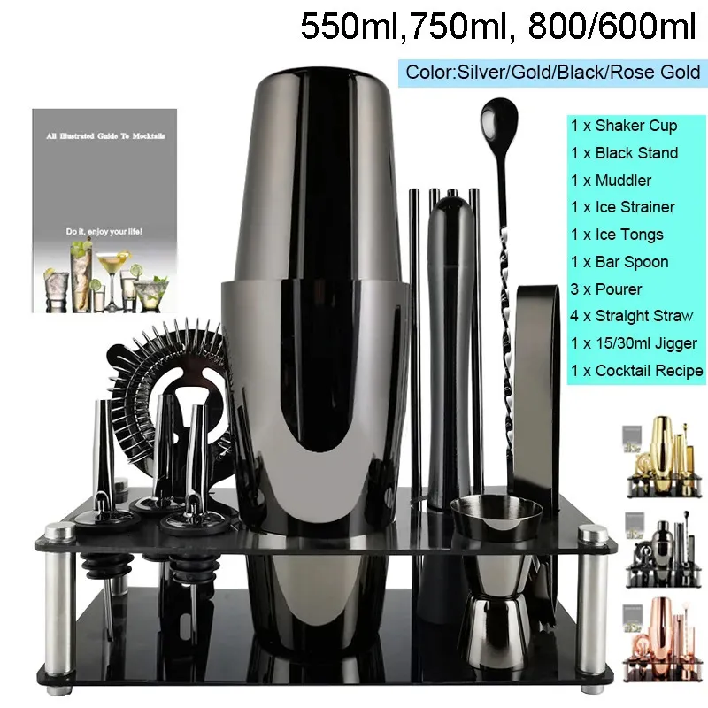 Барные инструменты Набор для бармена, набор из 13 шейкеров черного, розового золота, нержавеющей стали с черной подставкой 550 мл 800600 мл 231130