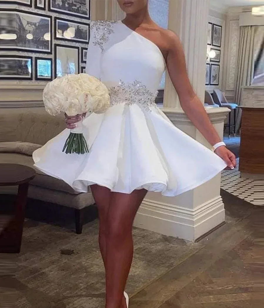 Romantic Short Wedding Dress 2024 One Shoulder Sequins Lace Bridal Party Gown Ball Puffy Skirt White Ivory Formal Pageant Wear Robe De Mariage