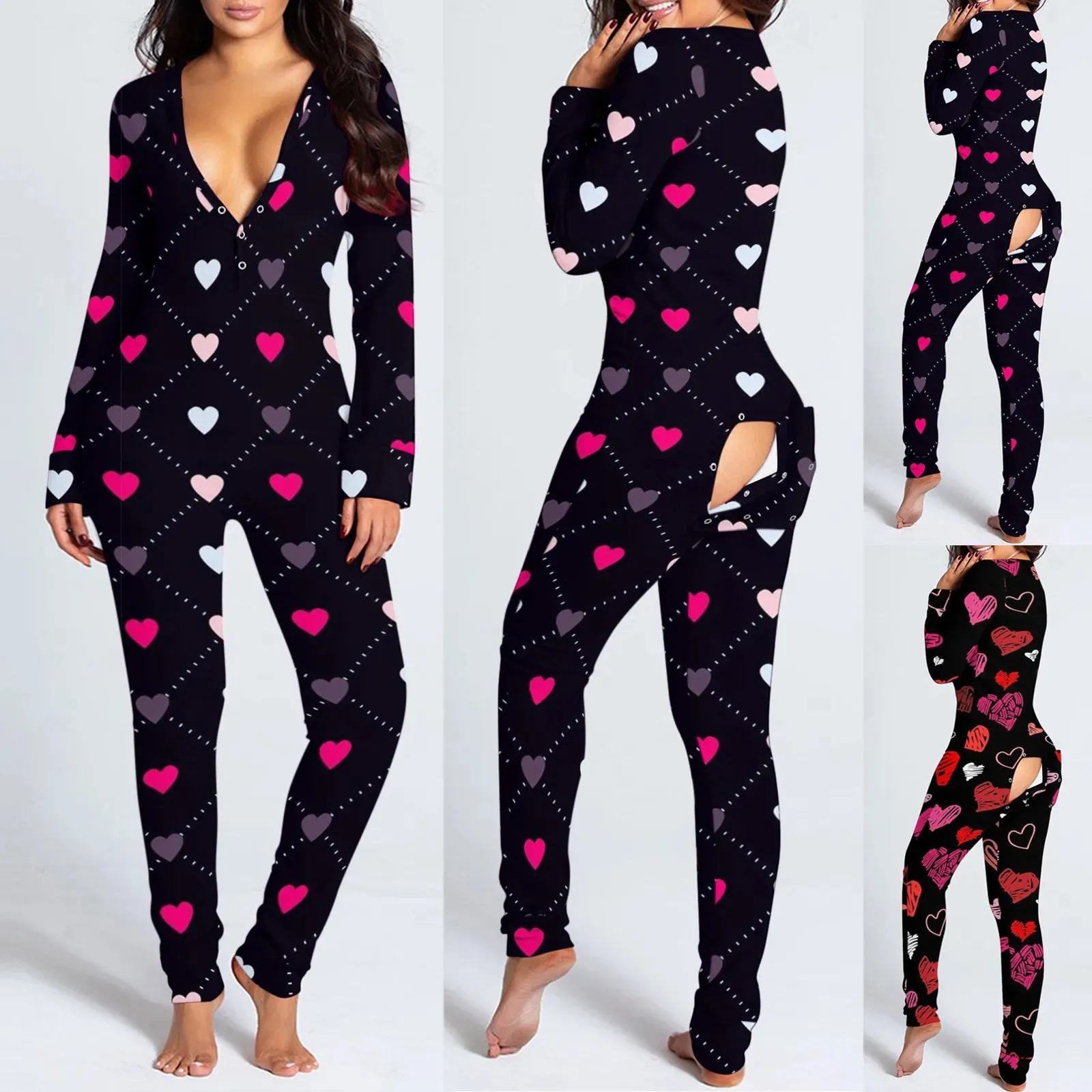 Kvinnors jumpsuits Rompers Sexig pyjama för kvinnor år Jumpsuit knäppa ner baksidan bakbugg bum öppen ass flap jumpsuit valentins dag tryck loungewear 231130