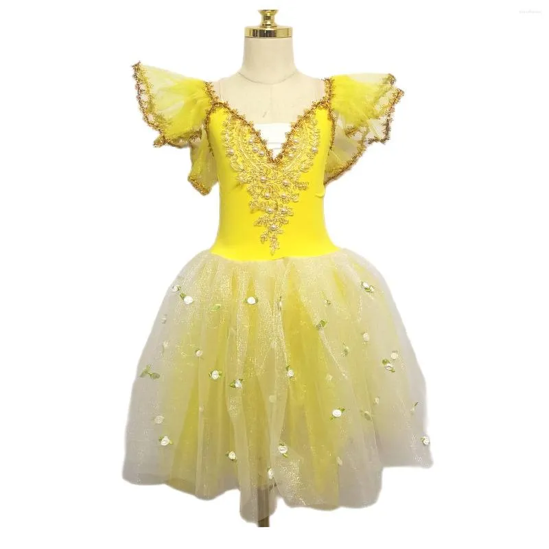 Scenkläder gul balett tutu kjol svan dräkt för kvinnor lång tyllklänning