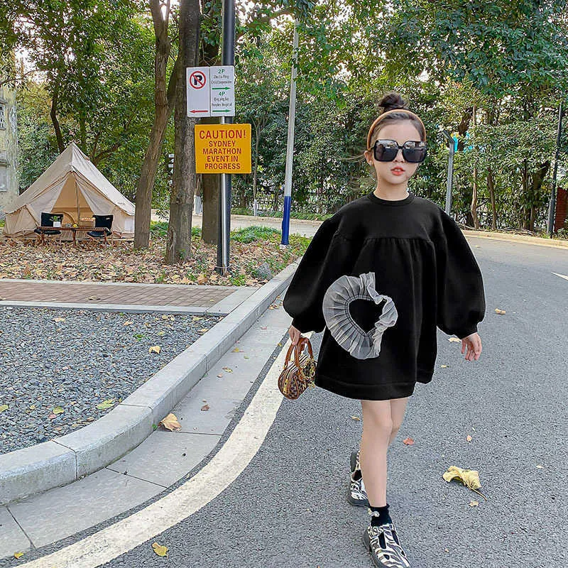 Girl's es 4-14 years Teens Girls Long T Shirt Lace Love Heart Design T-shirt Children Cute Clothes Black Dress Kids Spring Summer 0131