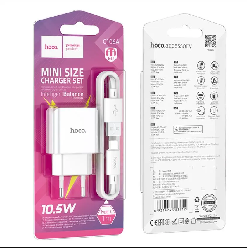 HOCO C106 Leisure Single Port Charger USB Single-Ports Fast Laying Head met Type-C Micro USB-kabelwinkel Box