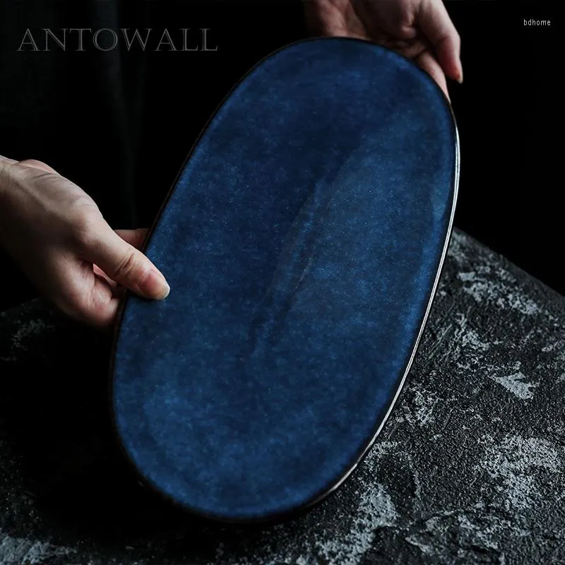 Plates ANTOWALL Nordic Ceramic Western Dishes Home Oval Tray Sushi Sashimi Flat Plate Dim Blue Series