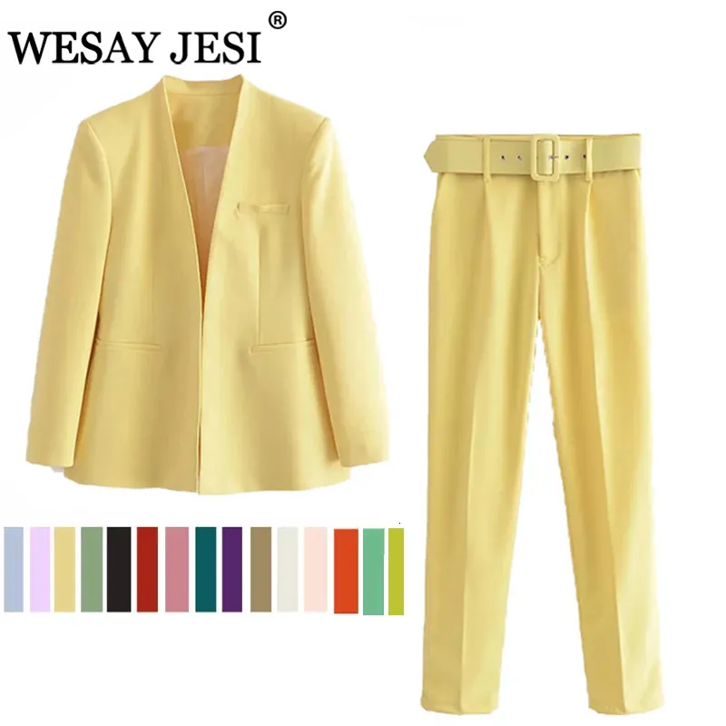 Womens Two Piece Pants WESAY JESI Office Suit Fashion Blazer Pantsuit Simple Solid Color Collar Long Sleeve Trousers 2 Set 230131