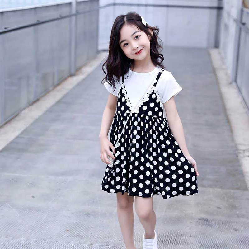 Girl's Dresses Cute white spots fake two pieces dress Knee-Length dresses Dots Black Spliced Girls Clothes Summer 2020 Hot Kids 0131